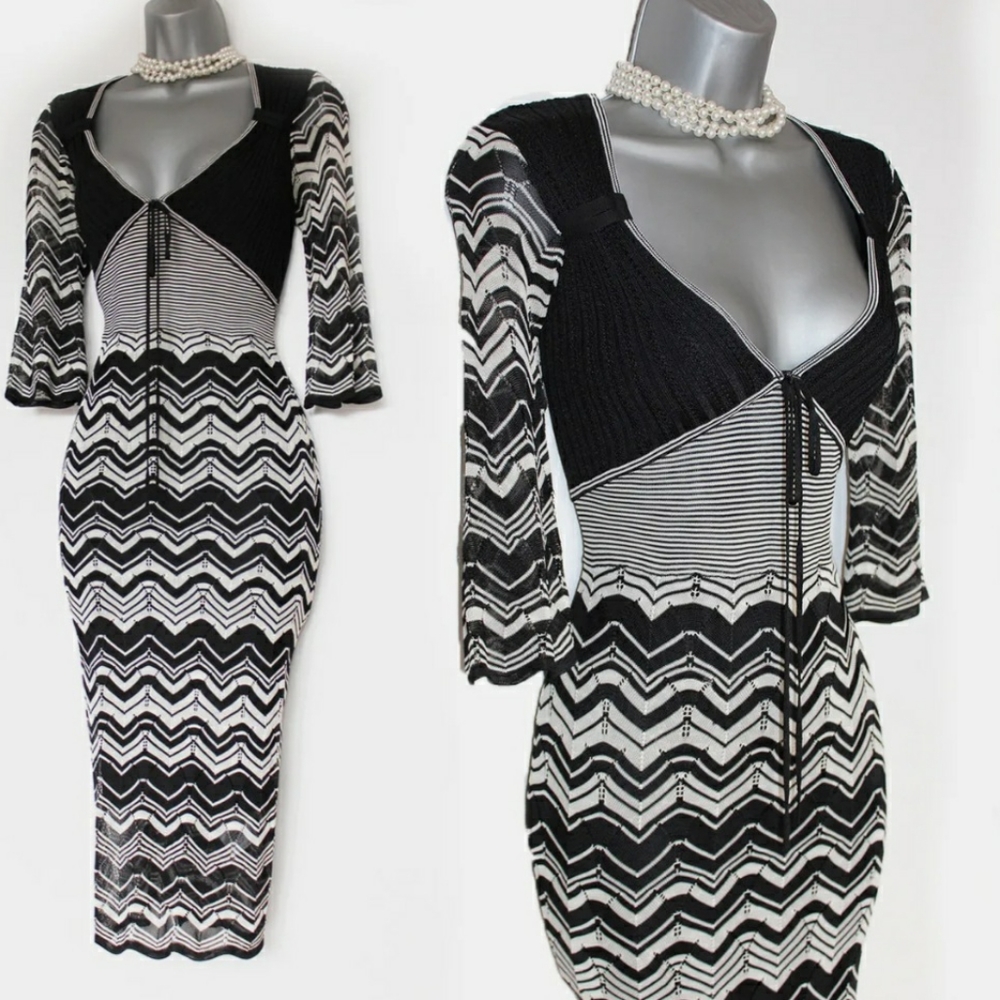RARE Karen Millen Black White Knit Zig Zag 3/4 Sleeve Wedding Season!